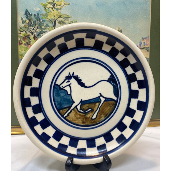 Debbie Dean Pottery HORSE Checkerboard Bowl Folk Art Primitive 8.5" - Picture 1 of 6